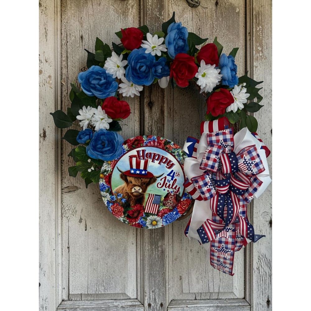 Happy 4th of July Floral Grapevine Wreath with Highland Cow Sign